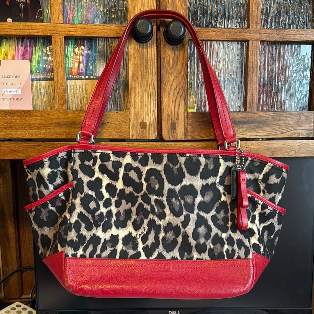 COACH OCELOT LEOPARD CARRIE PARK TOTE BAG F23278 RED BLACK